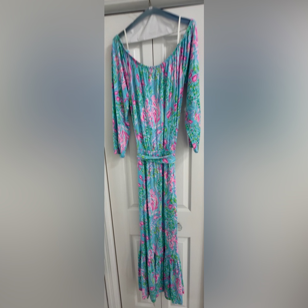 Lilly Pulitzer Odella Maxi Dress Off The Shoulder Amalfi Blue Wishes L - Picture 4 of 7